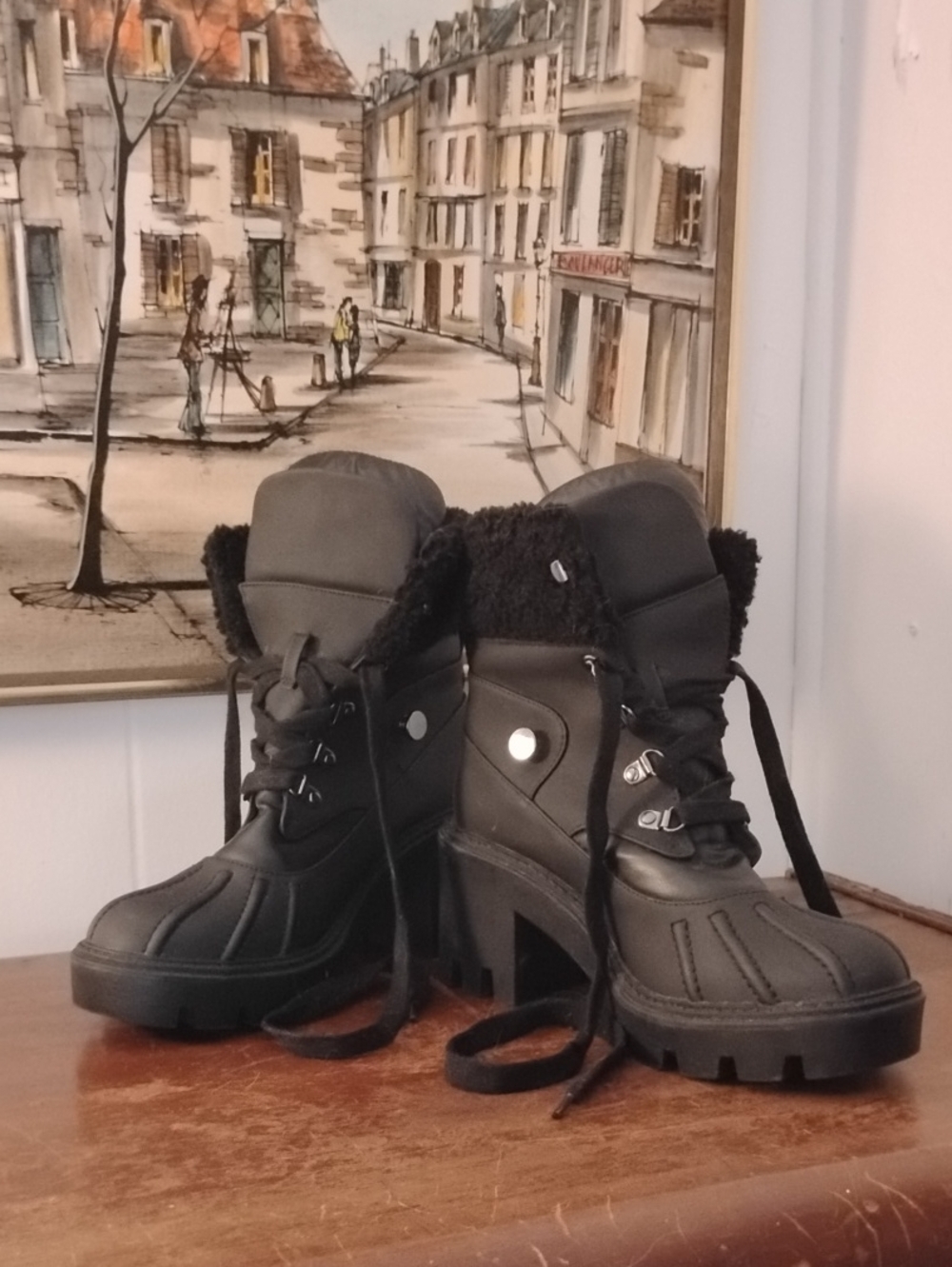 Steve Madden Black Faux-Fur Lace-Up Heeled Winter Boots